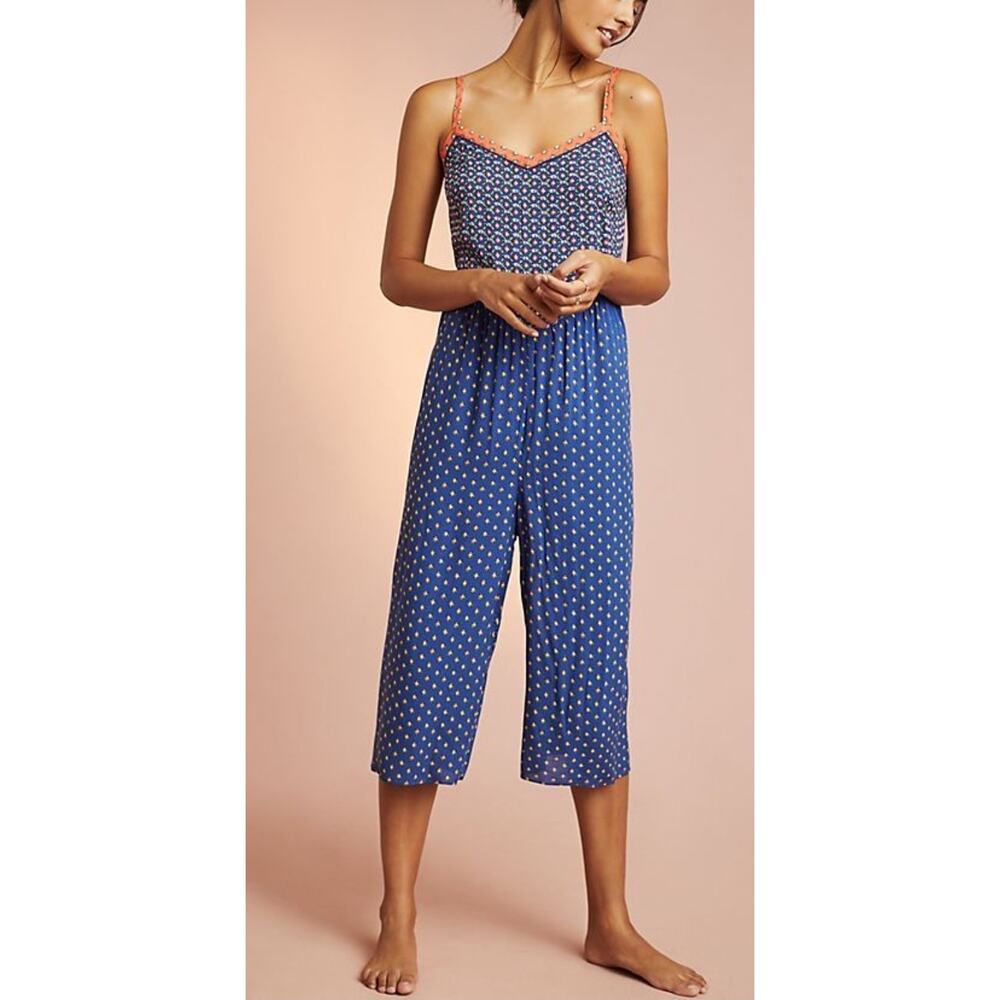 Anthropologie Blue Polka Dot Cropped Jumpsuit with Coral Trim